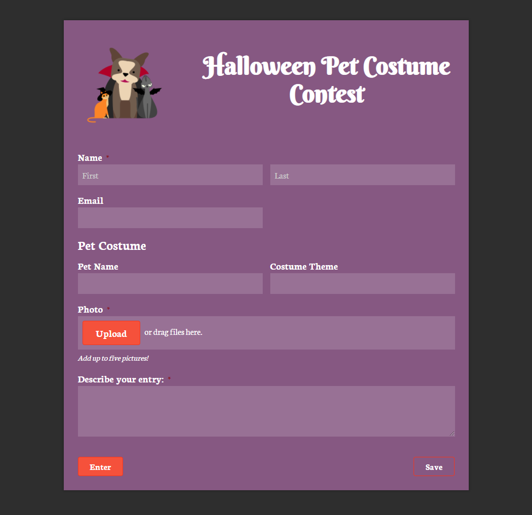 Halloween Pet Costume Contest form.