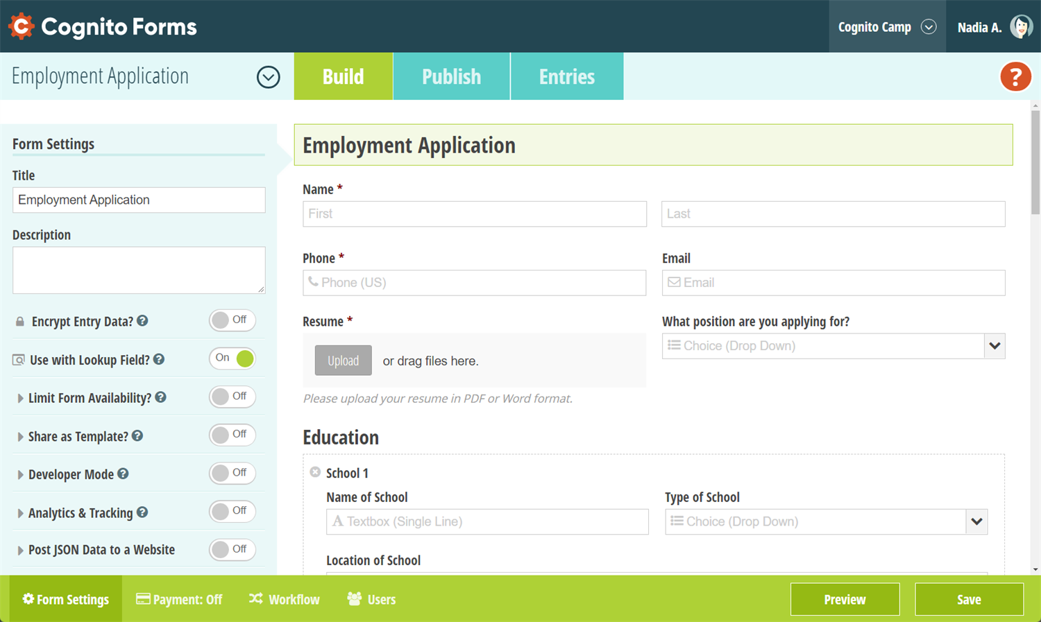 Setting form settings for Employment Application form.