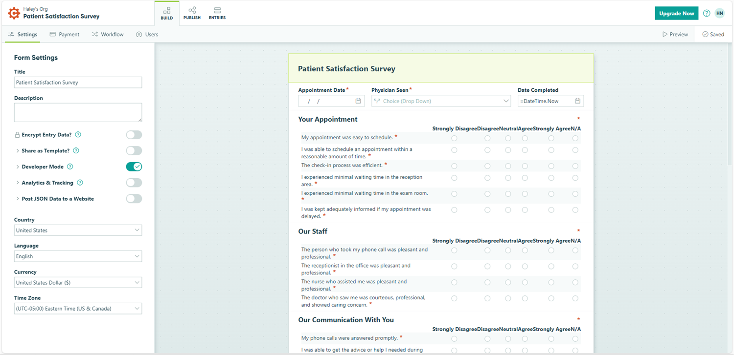 Patient satisfaction survey form.