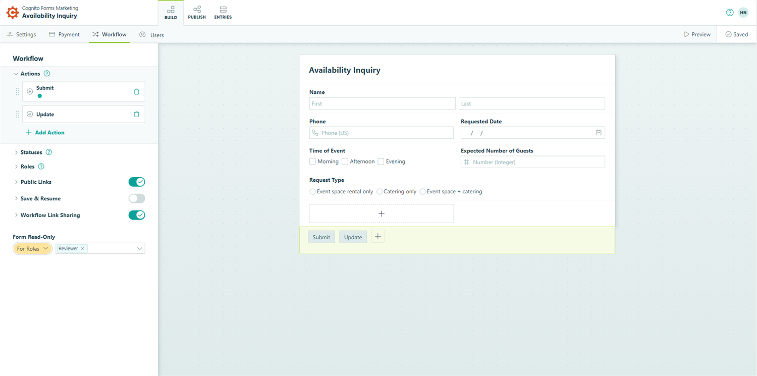 Cognito Forms user interface on the workflow build page