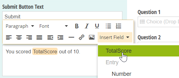 A Calculation field inserted directly into the form confirmation message.