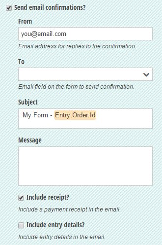 Email confirmation settings that add the Order ID to the subject line.