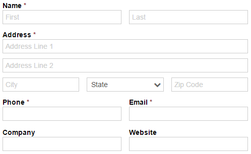 Contact form with name, address, phone and email fields required.