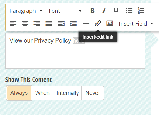 Content field inserting a link into text.