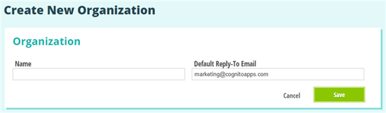 Create a new organization with name and default reply-to email.