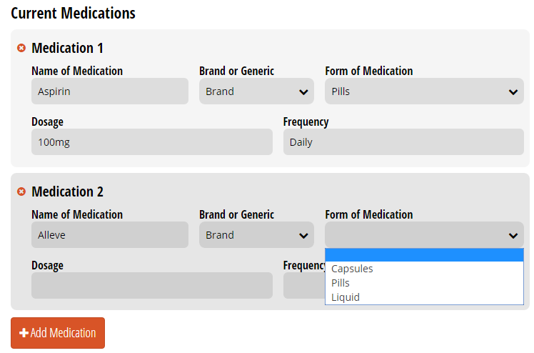 Current Medications form with repeating sections for medications.