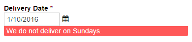 A custom error message that restricts users from selecting Sunday as their delivery date.