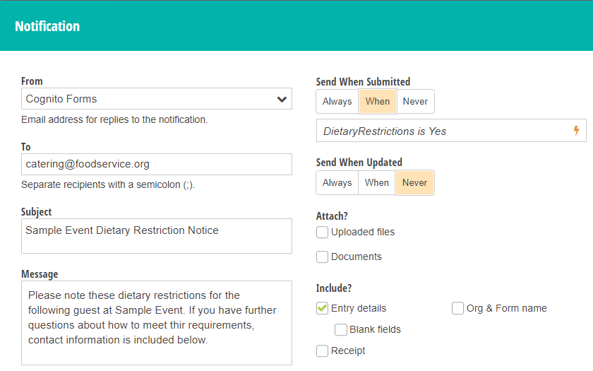 Notification field where notification is sent from Cognito Forms to Catering with dietary restriction notice.