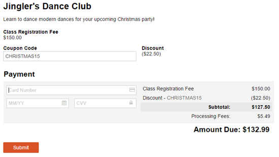 Dance class registration form with coupon applied