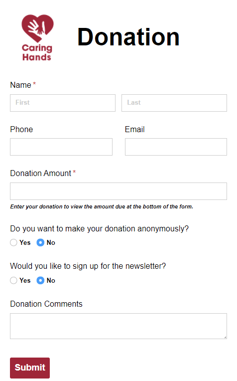 Caring Hands donation form.