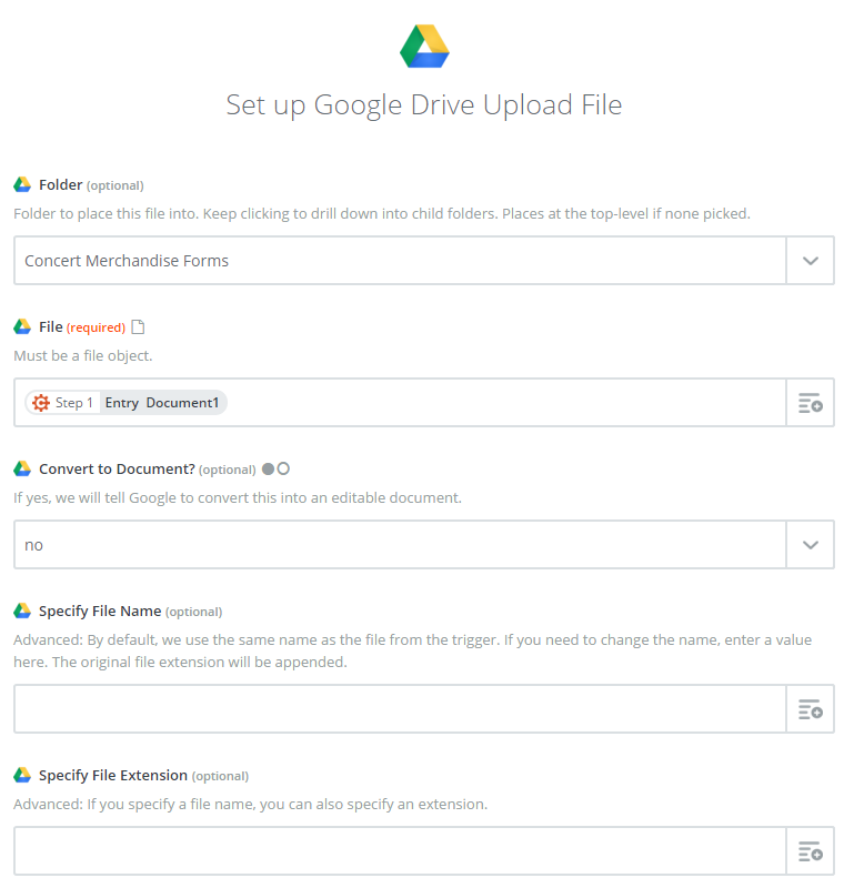 Set up Google Drive upload file.