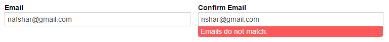 A custom error message that informs users that their emails do not match.