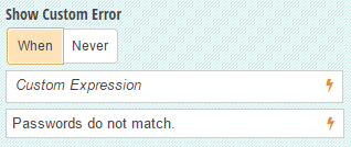 Show Custom Error field when custom expression passwords do not match.