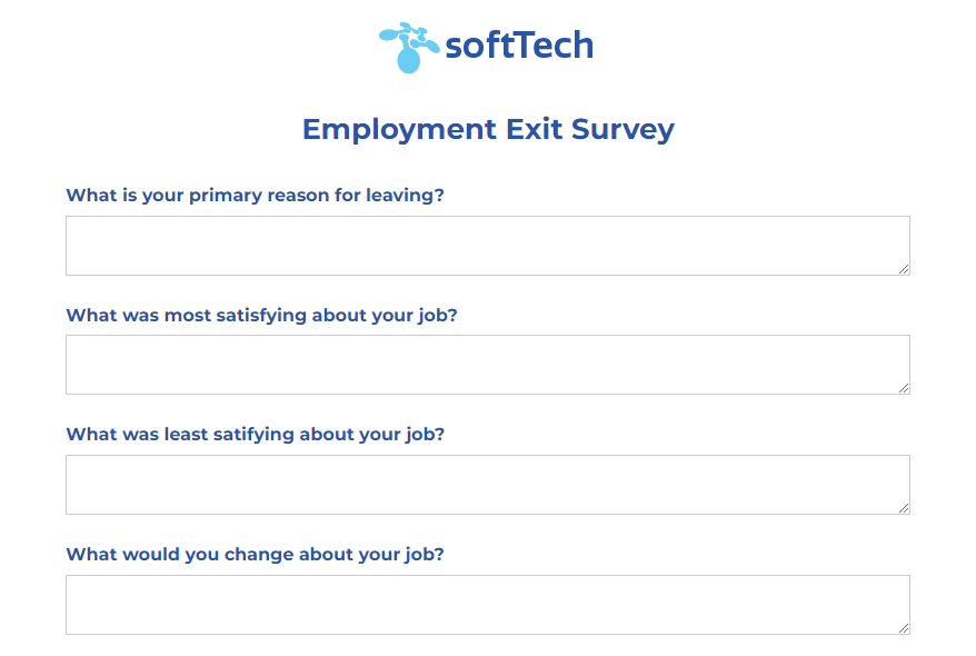 SoftTech employee exit survey form.