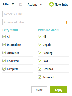 Filter entries by entry status, payment status, or specified criteria.