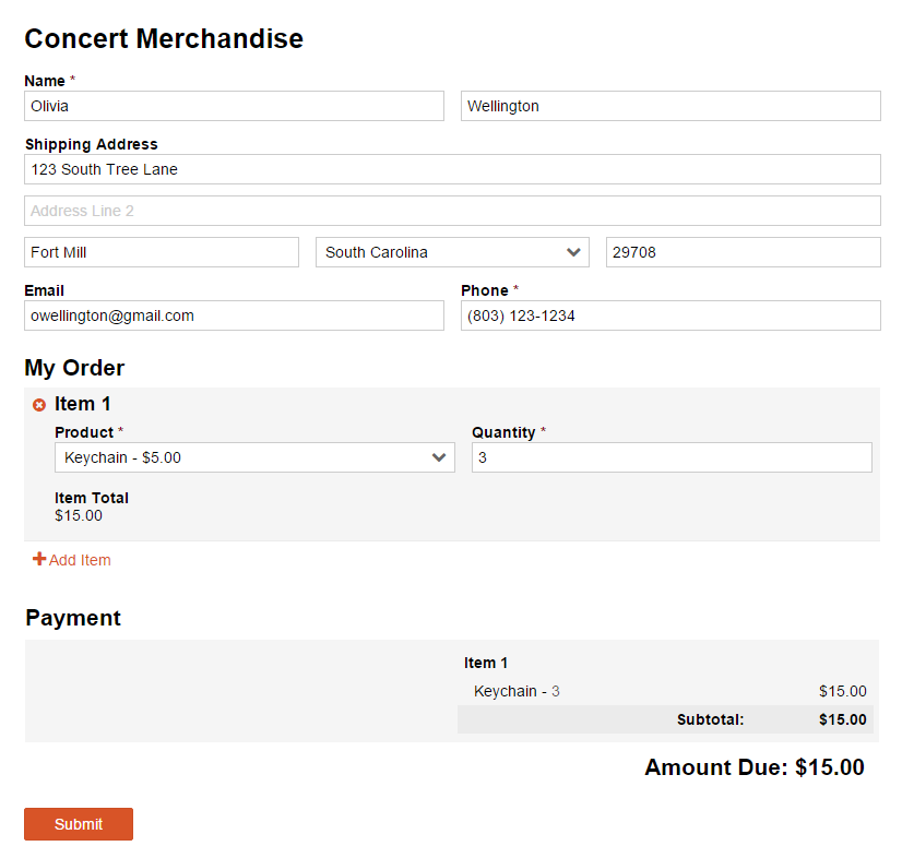 Concert merchandise form entry.