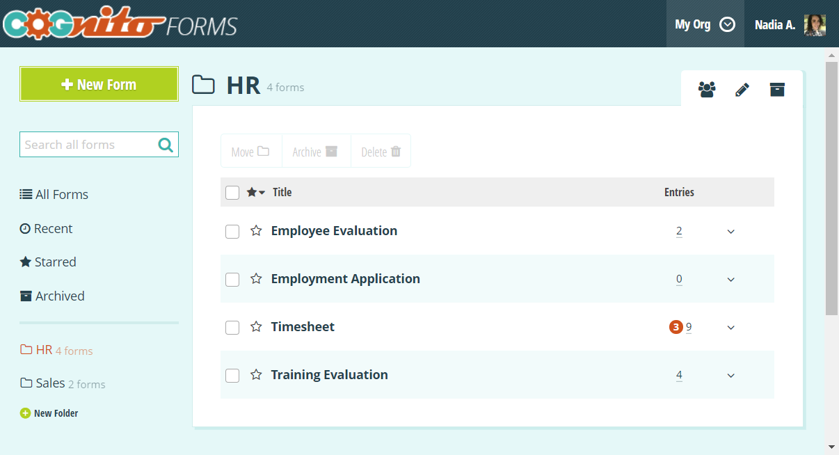 Forms organized into folders.