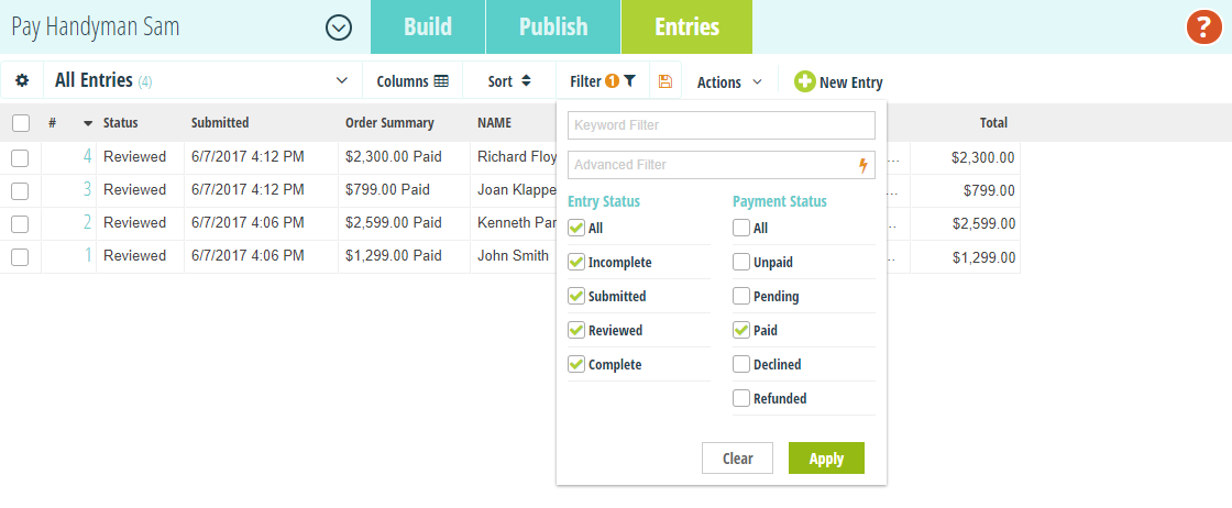 Filter entries by payment status.