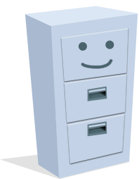 File cabinet with smiley face illustration.