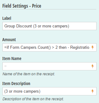 Price field with expression to calculate group discount.
