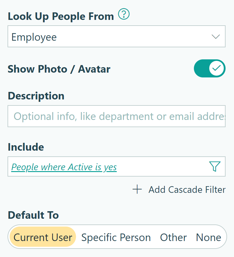 Look Up People From panel with options to connect form to an Employee list form