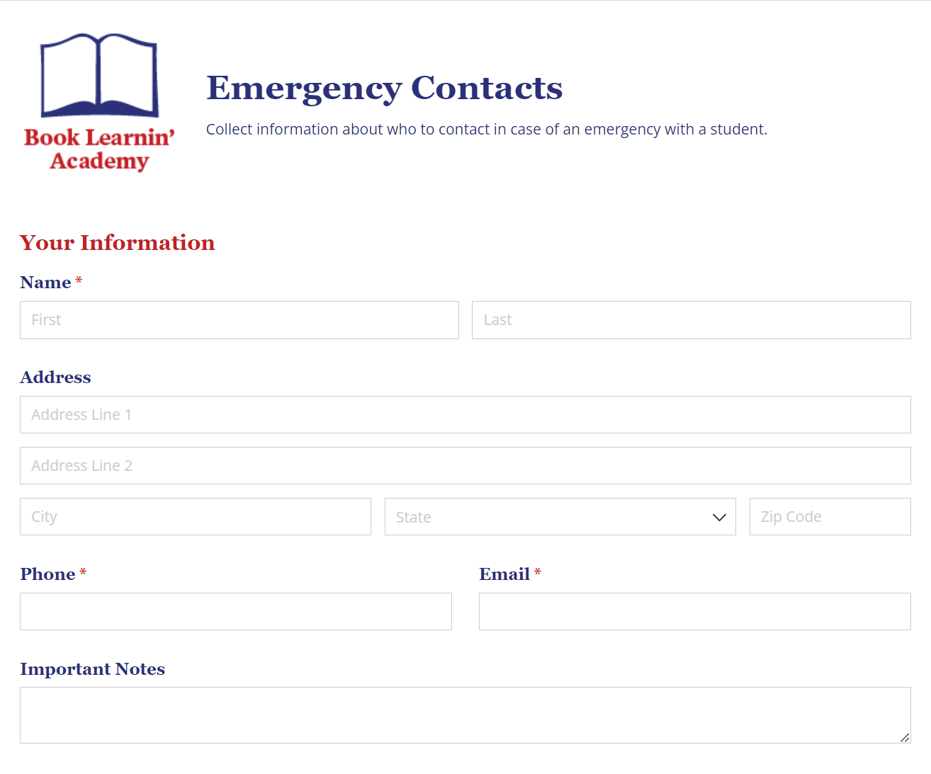 Book Learnin Academy emergency contacts form.