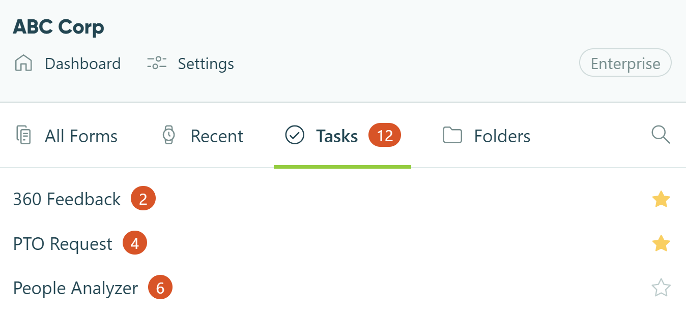 Cognito Forms form menu showing 12 tasks assigned in the Tasks view.