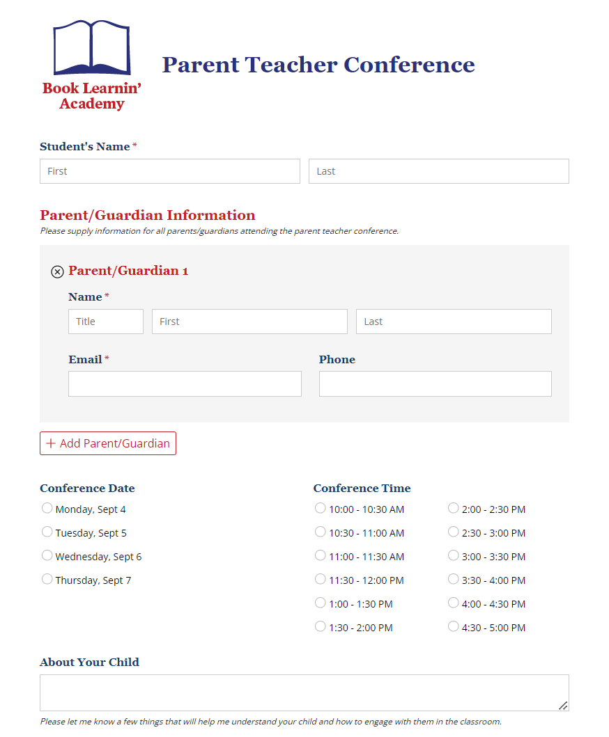 Book Learnin Academy parent teacher conference form.