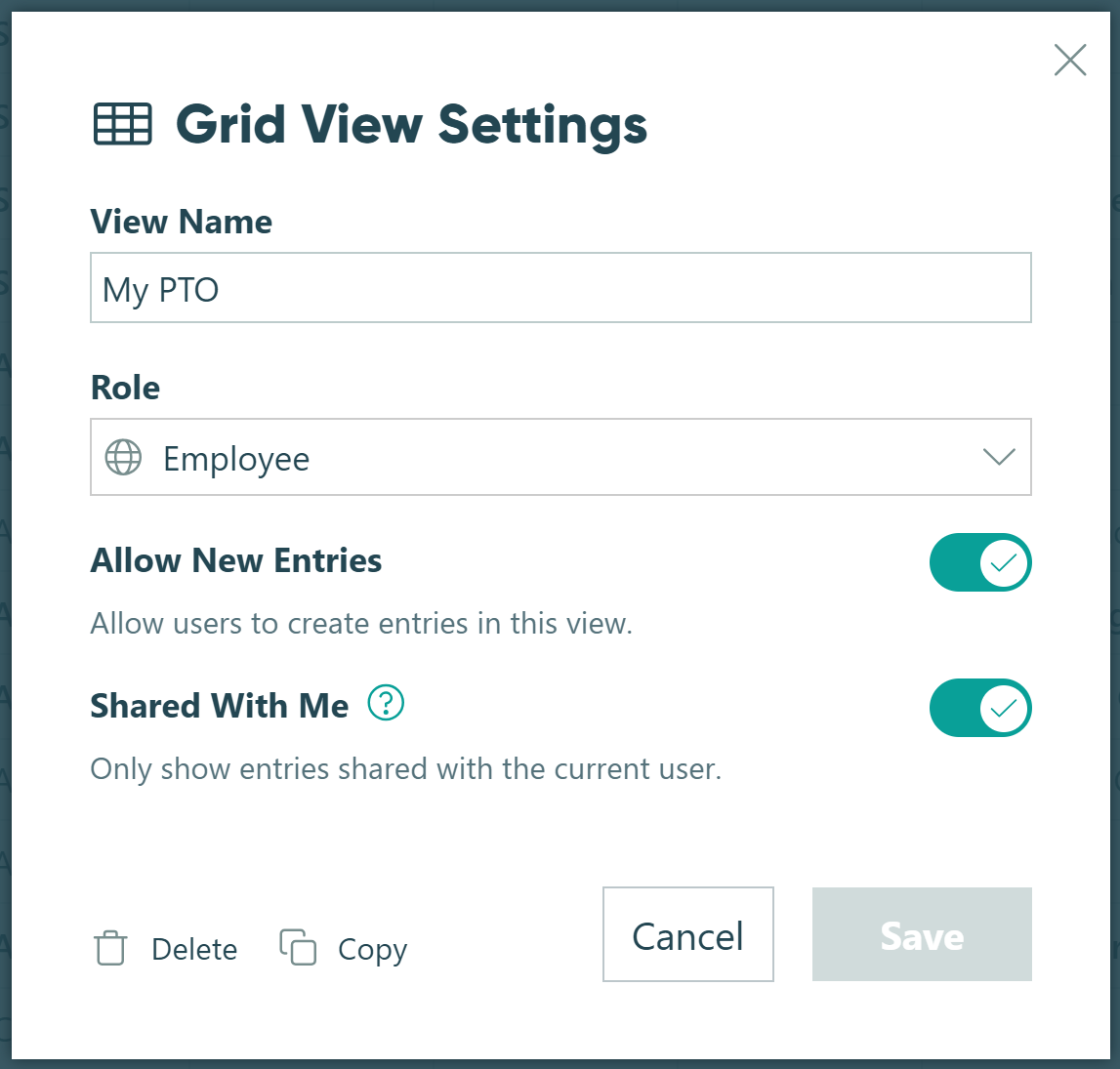 Grid View Settings options to create a unique view of entries on a form.