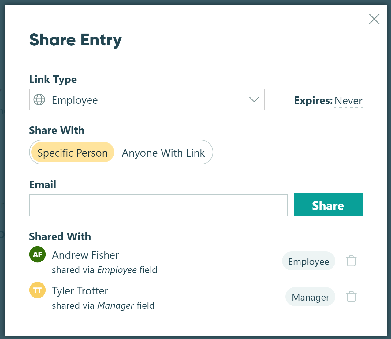 Share Entry panel to share an entry with a specific person or anyone using the link. It also shows who the link is shared with.