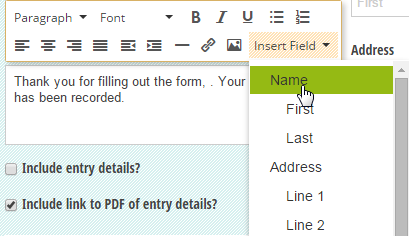 Custom confirmation message with inserted name field.