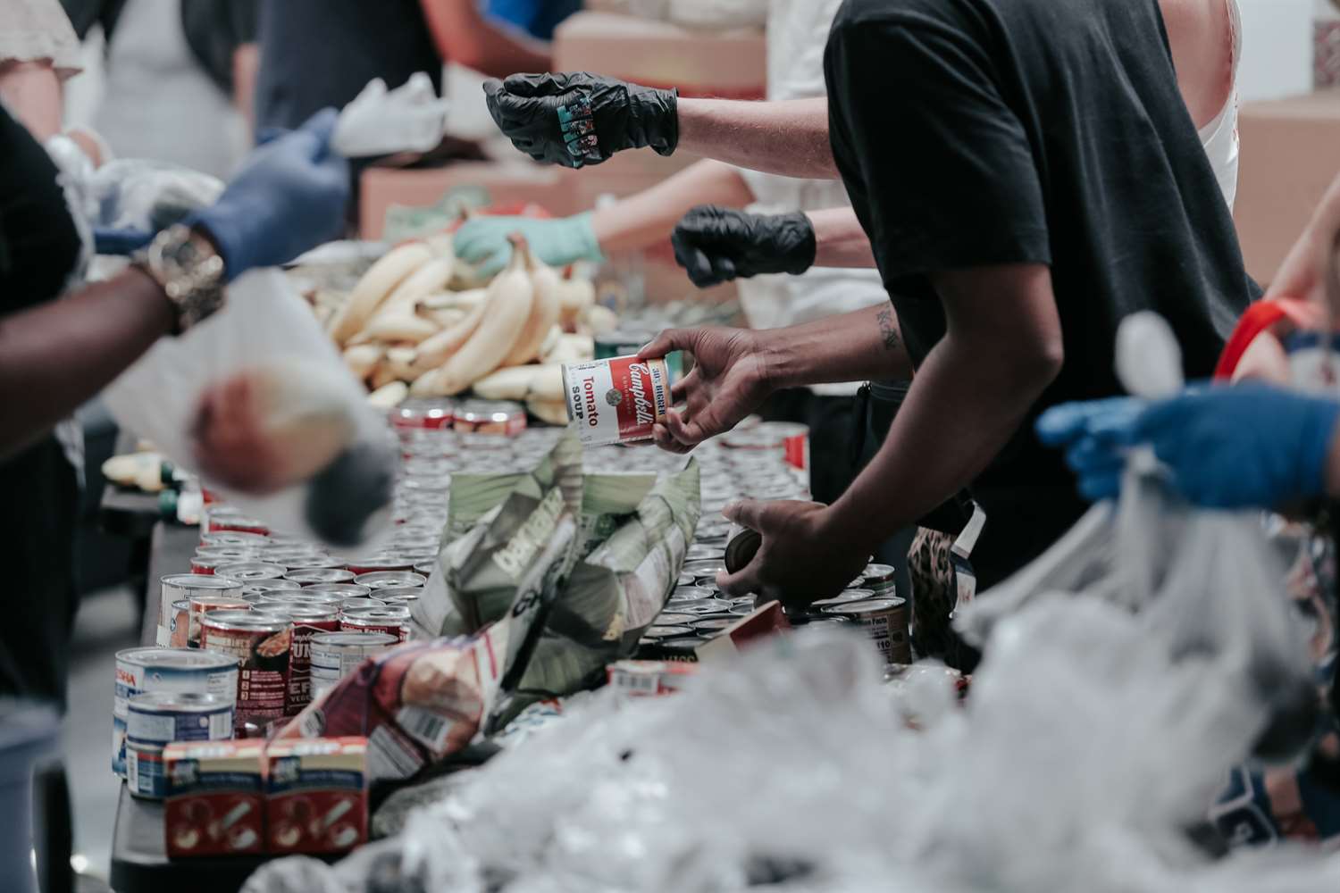 Volunteers working at a food drive.