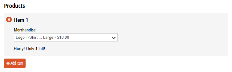 Products field with item that has a notification telling users there is only 1 product left.