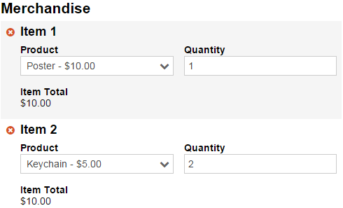 Merchandise form with product names and prices, quantity field, and item total.