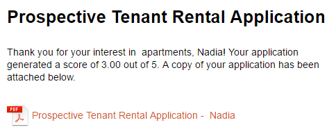 Prospective Tenant Rental Application custom confirmation message with score included.