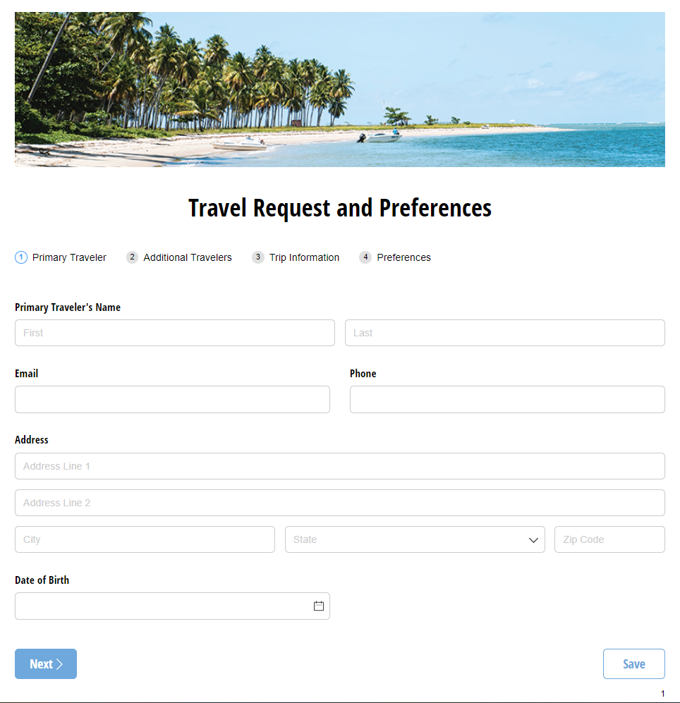 Travel request and preferences form.