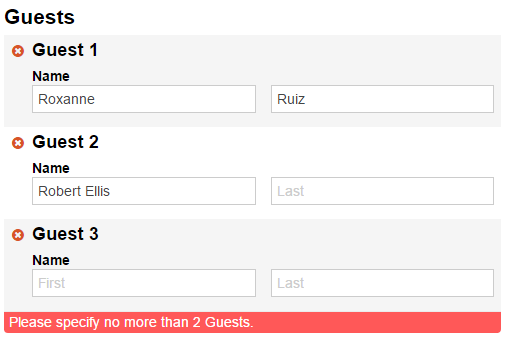 Repeating section is limited to 2 guests error message.