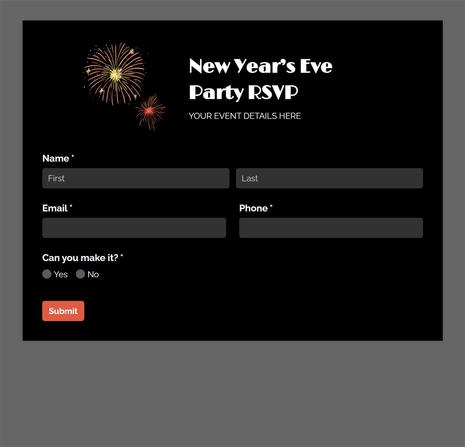 New Years Ever Party RSVP form.