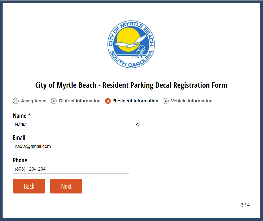 The City of Myrtle Beach parking decal registration form.