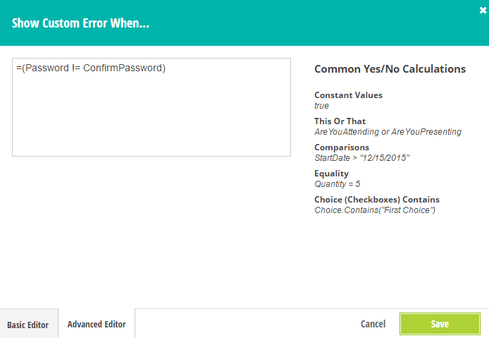 Expression determining if password fields match.