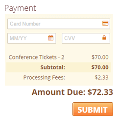 A payment form that displays the total including fees and collects credit card information.