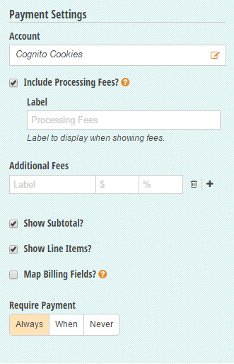 Settings on a payment form.