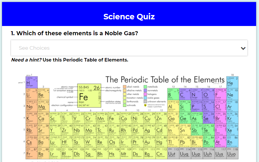 Periodic table on science quiz.