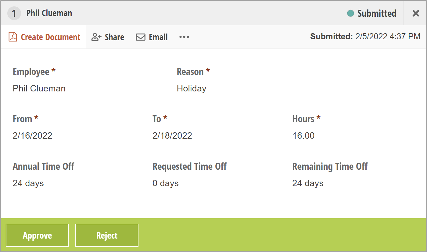 Workflow management entry for an employee requesting time off.