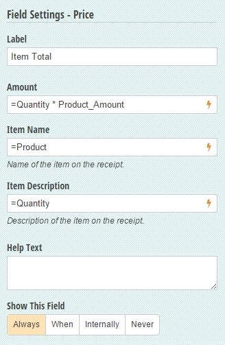 Settings on a Price field to multiply the quantity times the selected product's cost.