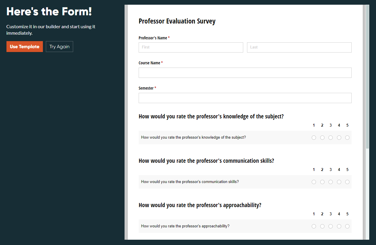 AI generated professor evaluation survey form.