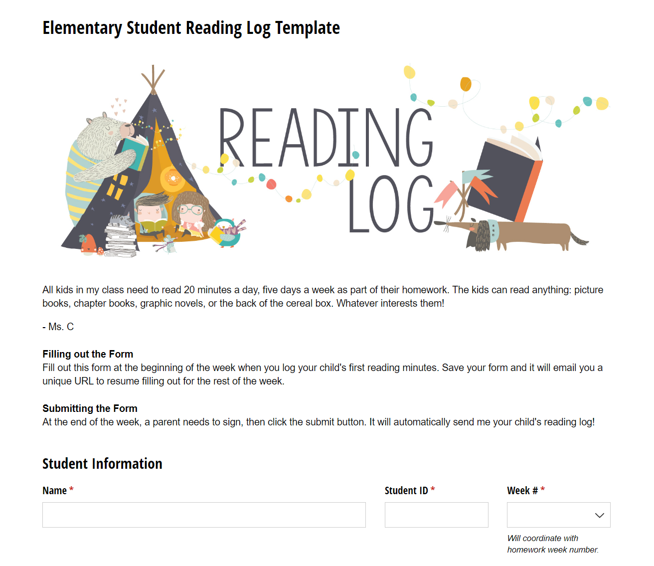 Reading log form.