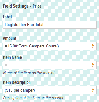 Price field that multiplies the price of each registration times the number of repeating section items.