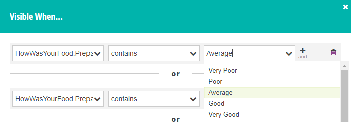 Add conditional logic to trigger a follow up question about food rating.