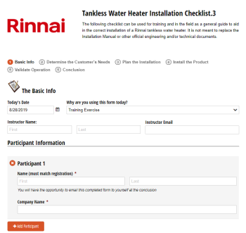 Rinnai Water Heater Installation participant information.